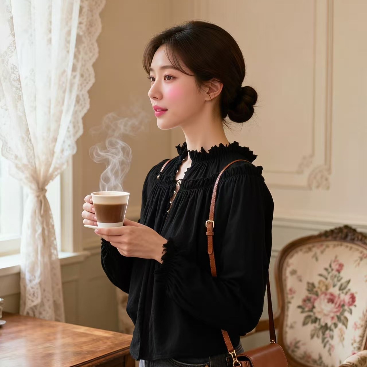 2026 프랑스식 레트로 작은 대중 디자인 센스 맨위 여성 거품 소매 chic 프릴 긴팔 셔츠