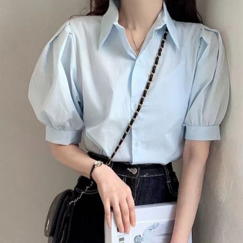 한국 chic 여름 연령 감소 레트로 작은 대중 품격 셔츠 반팔 얇은 스타일 루즈핏 거품 소매 POLO 칼라 맨위