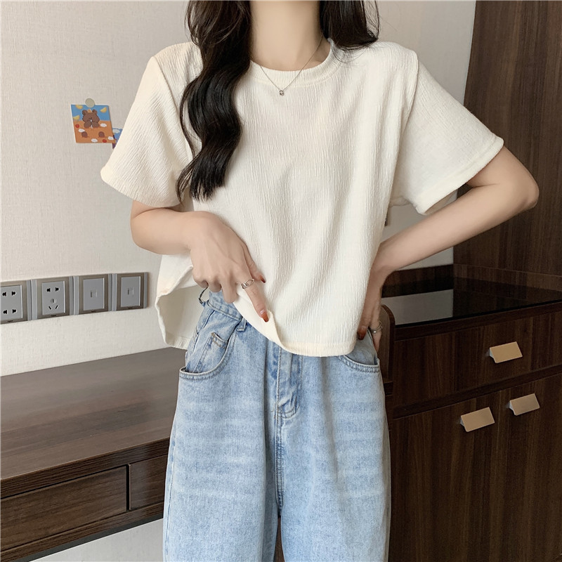 앞이 짧고 뒤가 길다 불규칙 작은 키 쇼트 스타일 반팔 티셔츠 여성 여름 루즈핏 다용도 기본 셔츠 반소매 맨위