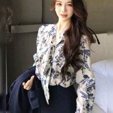 批发新款2026秋冬季长袖印花绑带休闲气质显瘦衫上衣<b class='q'>西装</b>风衬衫上衣女