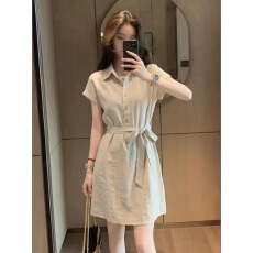 批发夏季新款韩式休闲风翻领<b class='q'>短袖</b><b class='q'>衬衫</b>裙女装收腰A字连衣裙高级感<b class='q'>T</b><b class='q'>恤</b>裙