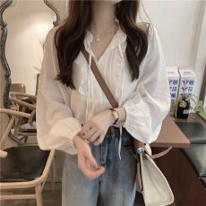 批发韩国chic秋季温柔气质V领绑带拼接木耳边设计<b class='q'>泡泡袖</b>宽松纯色衬衫