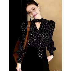 批发2026春新款轻熟法式风波点飘带衬衫女<b class='q'>泡泡袖</b>轻奢高级感洋气小衫