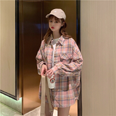批发2026新款<b class='q'>格子</b><b class='q'>衬衫女</b>春秋季长袖衬衣慵懒风上衣薄外套中长款
