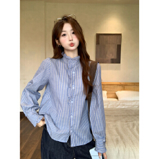 批发实拍法式木耳边蓝色条纹<b class='q'>衬衫</b>女刺绣蝴蝶结宽松叠穿<b class='q'>长袖</b>设计感上衣