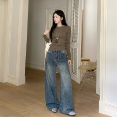 批发实拍 满天星<b class='q'>烫钻</b>重工<b class='q'>牛仔裤</b>女秋季设计感宽松直筒阔腿带钻爆闪裤