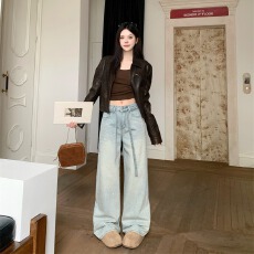 批发实拍 重工<b class='q'>烫钻</b>亮闪闪牛仔阔腿裤新款高腰显瘦直筒裤时尚百搭长裤