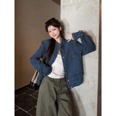 批发实拍老钱风肌理感牛仔小香<b class='q'>外套女</b>款秋季2025新款蓝色H型立领夹克