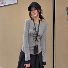 批发实拍 雪花羊绒长袖t恤打底衫女薄款春秋撞色新款宽松圆领上衣