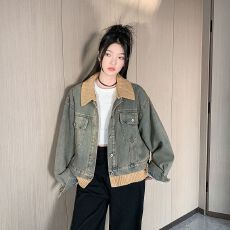 批发实拍 复古慵懒风撞色翻领牛仔外套女秋冬加绒新款小众上衣潮