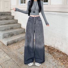 批发实拍 复古泼墨涂鸦牛仔<b class='q'>裤</b>女新款高腰宽松阔腿<b class='q'>裤</b><b class='q'>拖地</b>休闲<b class='q'>裤</b>子