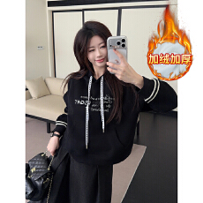 实拍！！加绒卫衣女装秋冬2025潮设计感秋冬新款连帽宽松保暖上衣