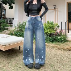 批发实拍 美式复古高街水洗泼墨弯刀牛仔裤女做旧宽松阔腿拖地裤