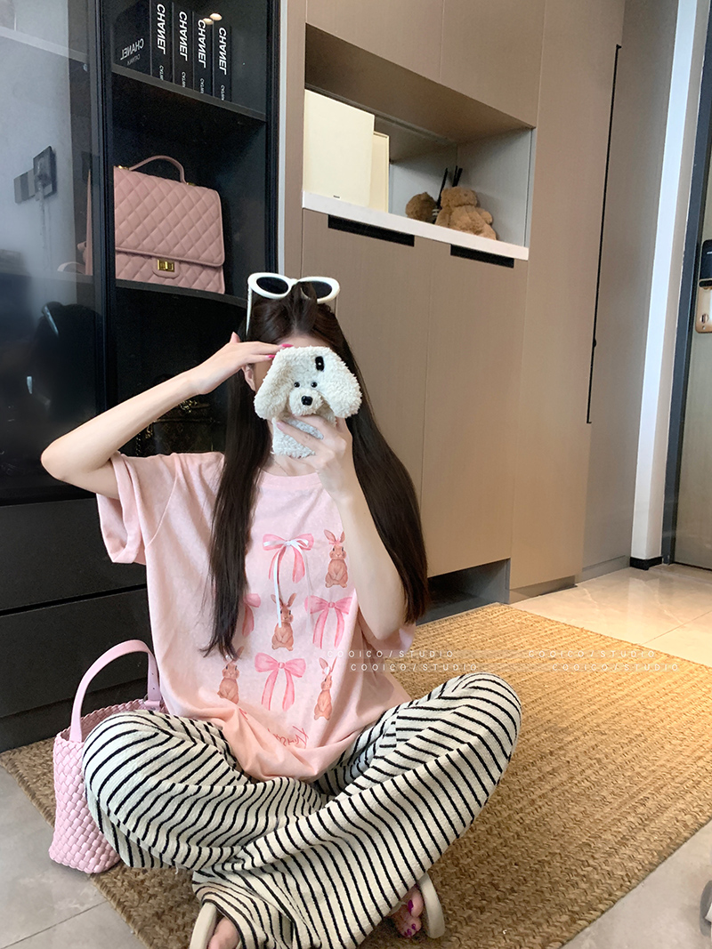 RY2884# 实拍！！！ 短袖t恤夏潮蝴蝶结宽松圆领上衣