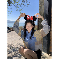 批发实拍春季复古条纹拼接长袖<b class='q'>衬衫</b>女2026新款别致设计感休闲翻领上衣