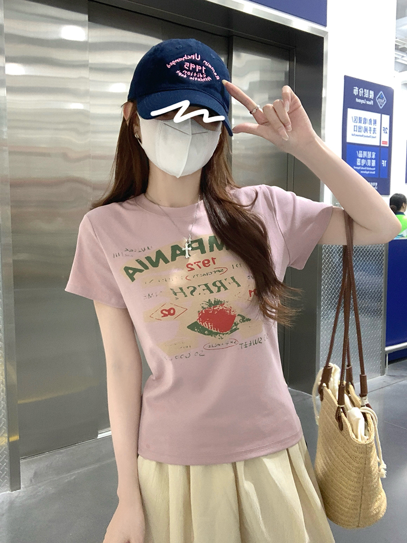 RY2881# 实拍 短袖t恤女夏正肩新款韩系显瘦圆领上衣