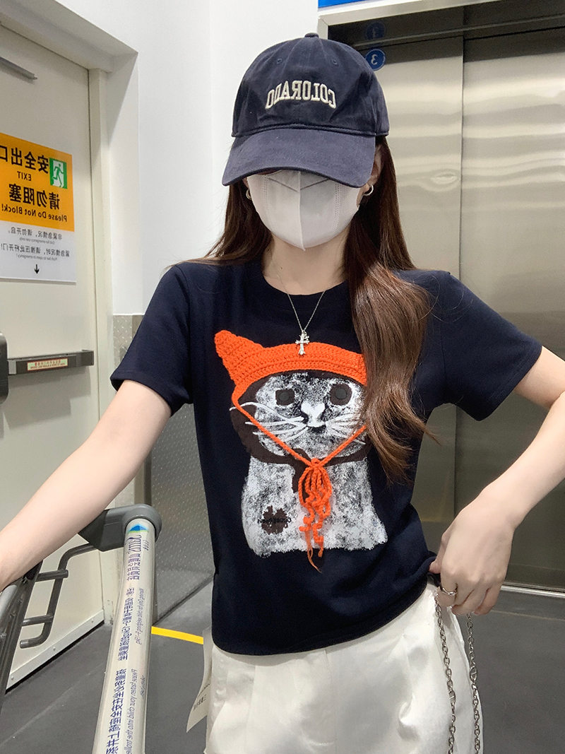 RY2880# 实拍 短袖t恤女夏新款韩系显瘦刺绣圆领上衣