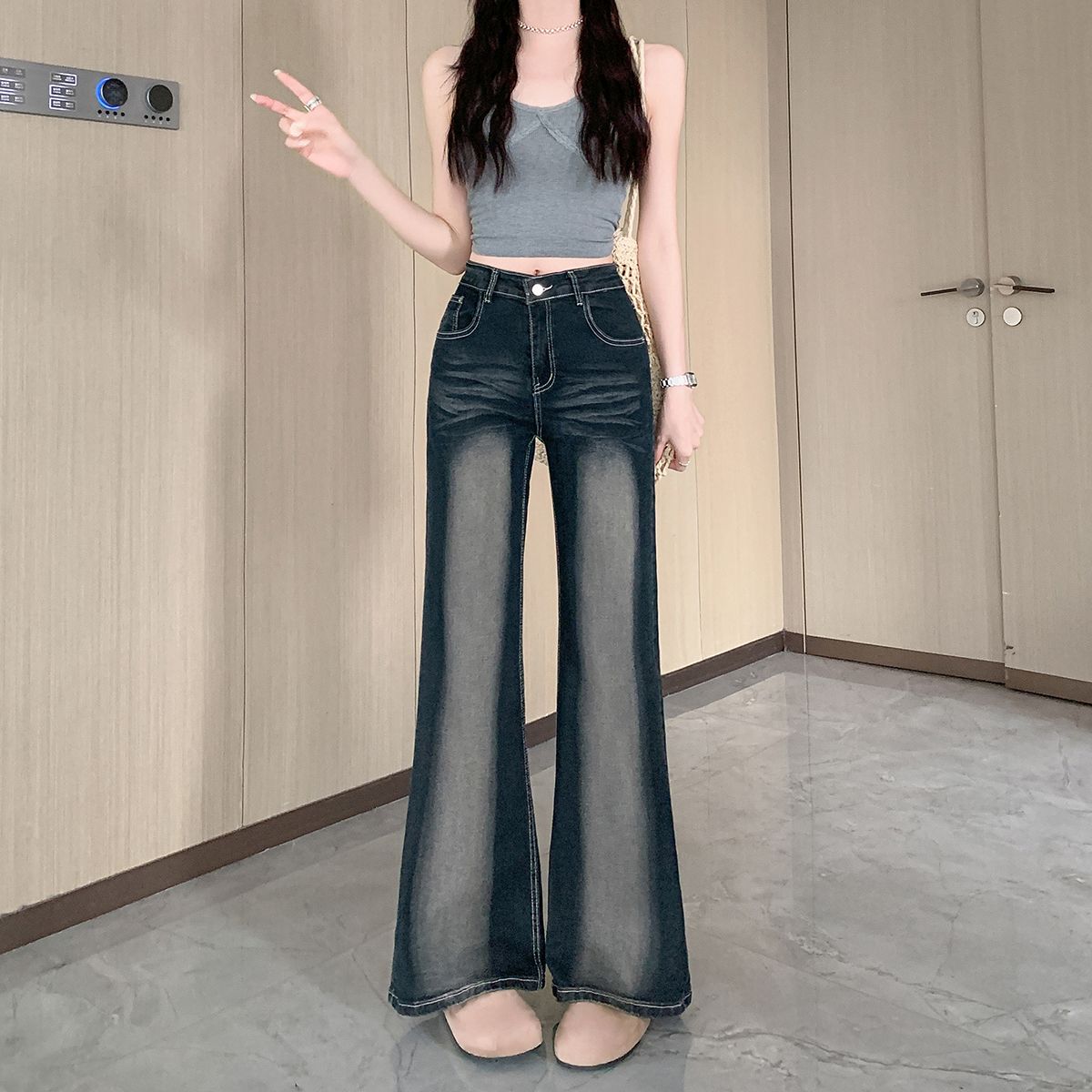 RY2877# 实拍 美式不贴腿微喇牛仔裤女夏季新款高腰遮胯显瘦喇叭裤子