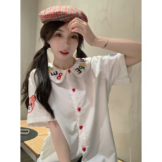 批发实拍日系复古童趣小熊绣花娃娃领<b class='q'>衬衫</b>女夏2026小众设计感白色短袖