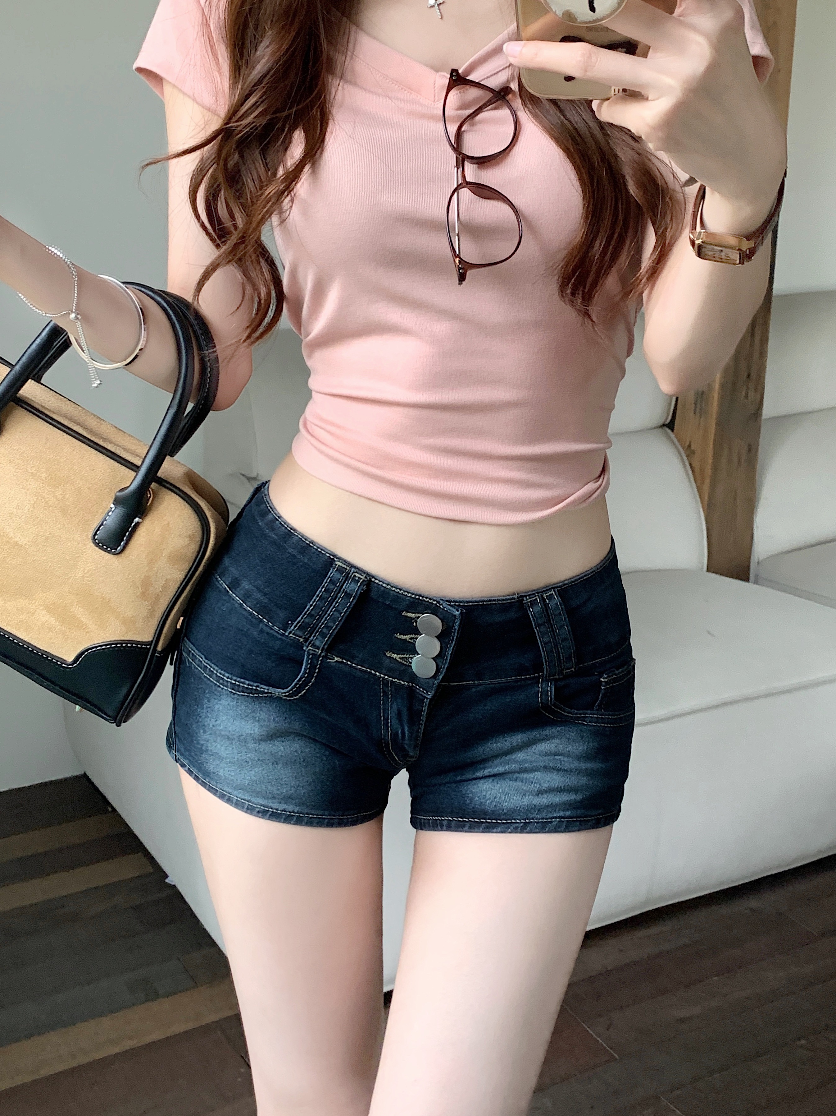 실사 아메리칸 핫걸 마 오래된 워싱 연삭 화이트 싱글 줄 버튼 데님 초단바지 여성 로우 웨이스트 신축성 타이트 스커트 핫 바지