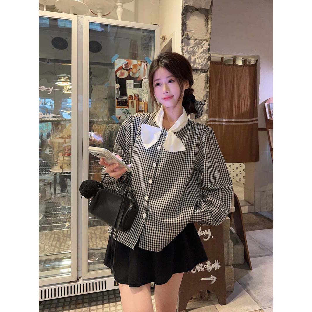 실사 레트로 작은 대중 스탠드 칼라 나비 매듭 배색 체크무늬 긴팔 여성 셔츠 2026 봄 한국 스타일 품격 캐주얼