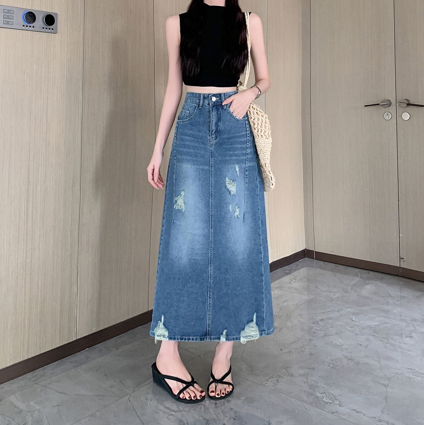 실사 여름 다용도 3 차원 자르기 레트로 캐주얼 마 오래된 타이트 스커트 데님 스커트 찢어진 부분 반신 치마