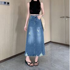 批发实拍 夏季<b class='q'>百搭</b>立体裁剪复古休闲做旧包臀牛仔裙破洞半身裙子