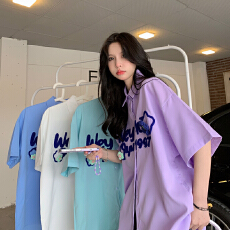 批发实拍潮牌字母<b class='q'>花朵</b>刺绣夏季短袖衬衣日系小众学院风情侣衬衫男女