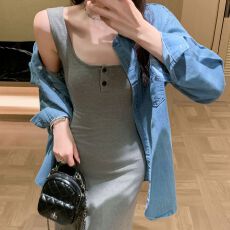 批发实拍 <b class='q'>牛仔</b>衬衫一整套装灰色连衣裙子女夏2026新款巨好看穿搭