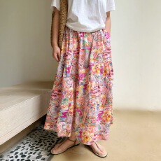 批发耗料2米英国进口liberty古希腊灵感彩绘不规则蛋糕粉色长大摆半裙