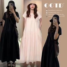 夏季赫本风温柔风圆领短袖连衣裙大码宽松高级法式孕妇森系长裙