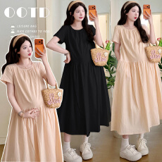 批发夏季温柔风圆领<b class='q'>短袖</b>纯棉连衣裙大码连衣裙宽松高级法式孕妇长<b class='q'>裙</b>