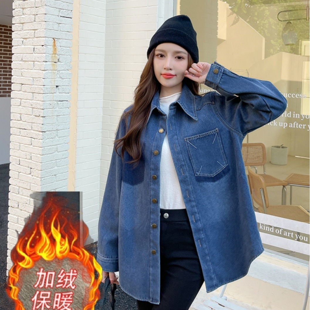 실사 겨울 새로운 털이 있고 두꺼운 레트로 블루 루즈핏 캐주얼 한국 스타일 데님 셔츠 재킷