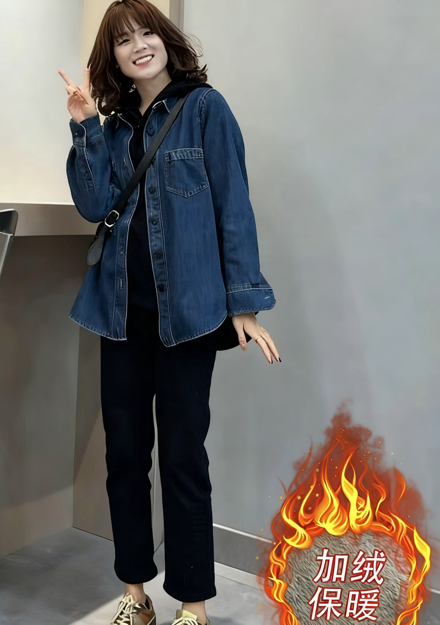 실사 가을 겨울 새로운 털이 있는 일반 2 가지 모델 캐주얼 루즈핏 다용도 한국 스타일 데님 스택 계속하다 외투
