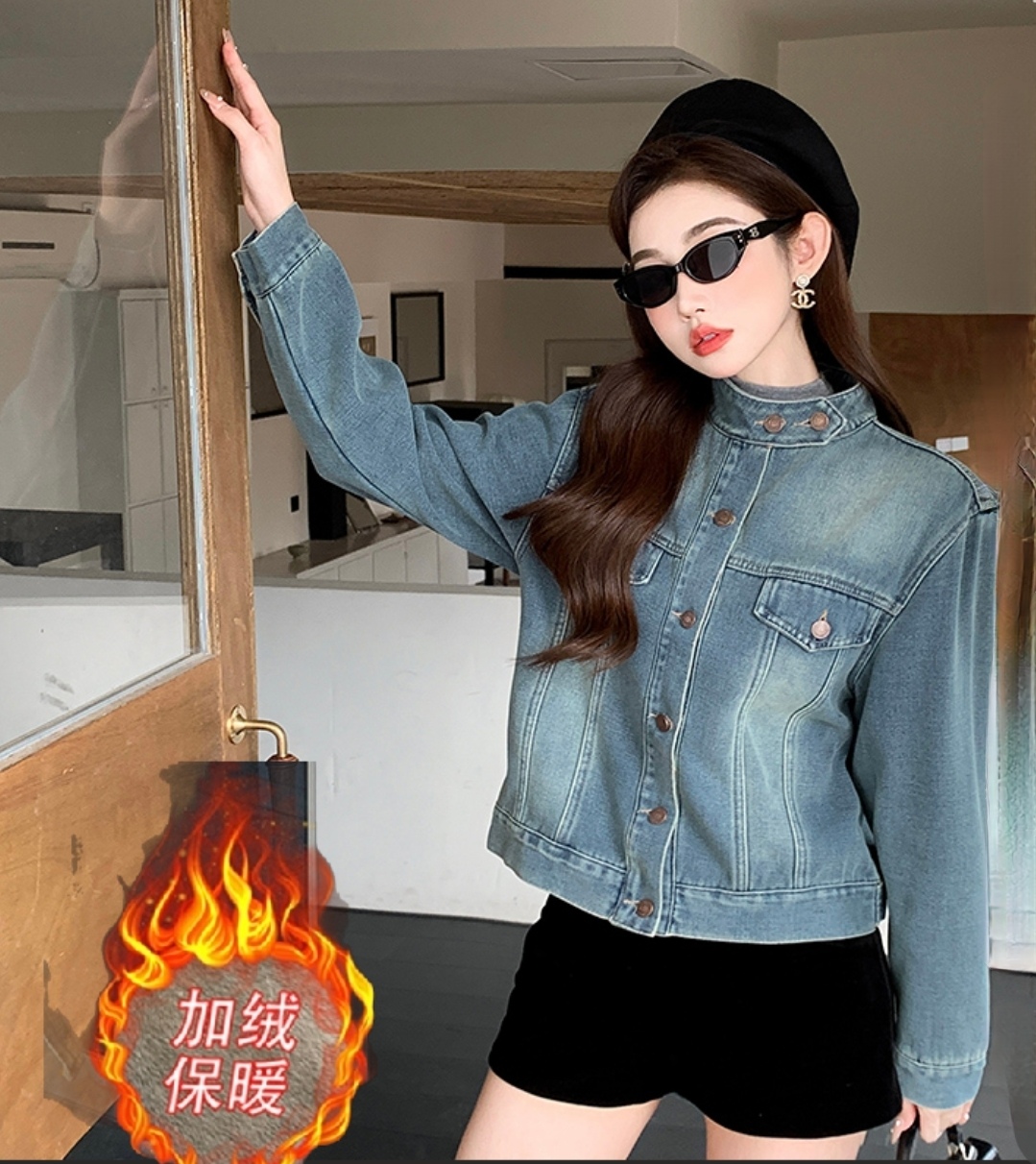 실사 스탠드 칼라 털이 있고 두꺼운 가을 겨울 새로운 한국 스타일 레트로 패션 품격 데님 긴팔 셔츠 여성 코트