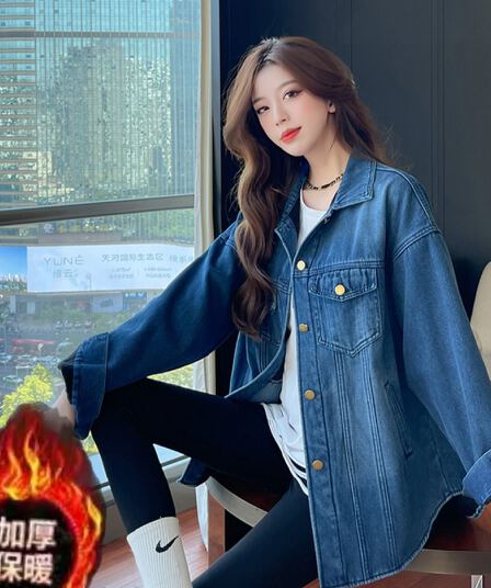 가을 겨울 새로운 털이 있고 두꺼운 보온 디자인 센스 다용도 스택 착용 대 에디션 데님 셔츠 재킷