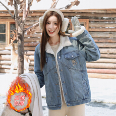 批发实拍冬季韩版新款刺绣兔毛加厚挡寒保暖宽松显瘦牛仔棉衣