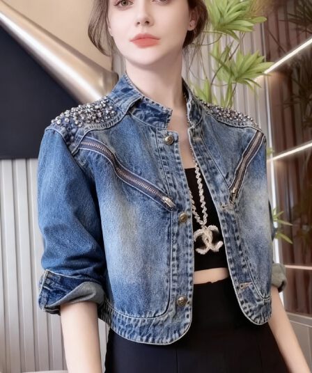 유럽 우리 다이아몬드 세팅 스탠드 칼라 패션 우아함 고유 한 품격 쇼트 스타일 데님 맨위 재킷
