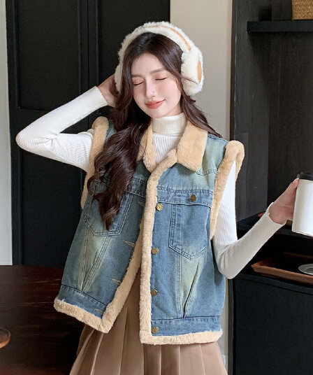 두꺼운 보온 방한 한국 스타일 루즈핏 캐주얼 높은 품질 데님 어깨 베스트