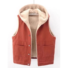 批发加绒加厚羊羔毛连帽牛仔马甲秋<b class='q'>冬</b>新款宽松百搭彩色坎肩马甲外套