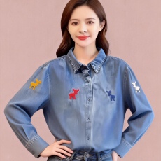 批发韩版彩色糜鹿刺绣早春简约宽松百搭叠穿<b class='q'>牛仔</b><b class='q'>上衣</b>