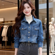 明星白鹿同款经典复古早春殴美风叠穿深蓝色牛仔衬衣外套