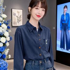 批发复古刺绣深蓝色牛仔衬衣春秋新款休闲<b class='q'>通勤</b>时尚百搭衬衣外套