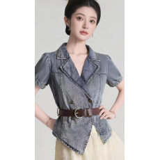 批发设计感复古不规则西装领皮带收腰显瘦泡泡袖薄款牛仔短袖上衣