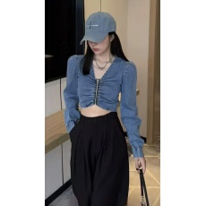 批发新款潮流修身褶皱拉链长袖罩衫款牛仔衬衣