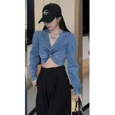 批发新款韩版欧美风性感V领扭结侧边拉链泡泡长袖短款牛仔衬衫上衣