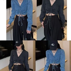 批发新款韩版欧美风性感V领抽绳侧边拉链泡泡长袖短款牛仔衬衫上衣