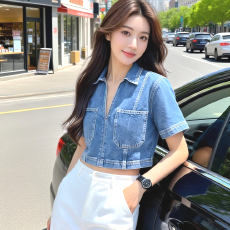 批发新款欧美外贸品质短款翻领侧边拉链牛仔短袖上衣