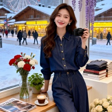 批发韩版春秋新款设计感宽松时尚<b class='q'>百搭</b>多线装饰宽袖口内搭叠穿牛仔上衣