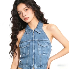 批发美式辣妹翻领挂脖修身短款露背装新款牛仔上衣潮